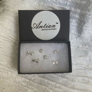 Antian Accessories™ 3 Pair Earring Set Silver Plated Brass Bows and Studs